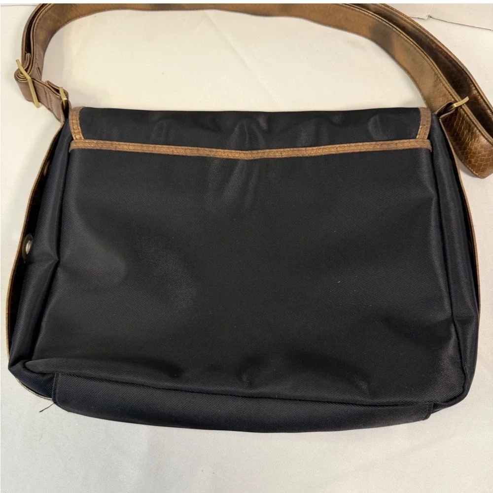Y2K Messenger Bag Black Bronze Nylon Faux Croc Trim Grommet Detail Naturalizer